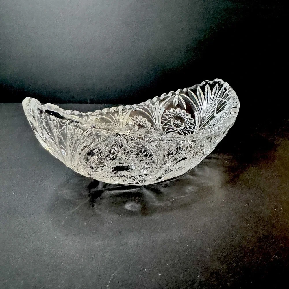 Vintage Cut Crystal Sawtooth Edge Banana Boat Bowl Dish‎ Large Heavy Glass